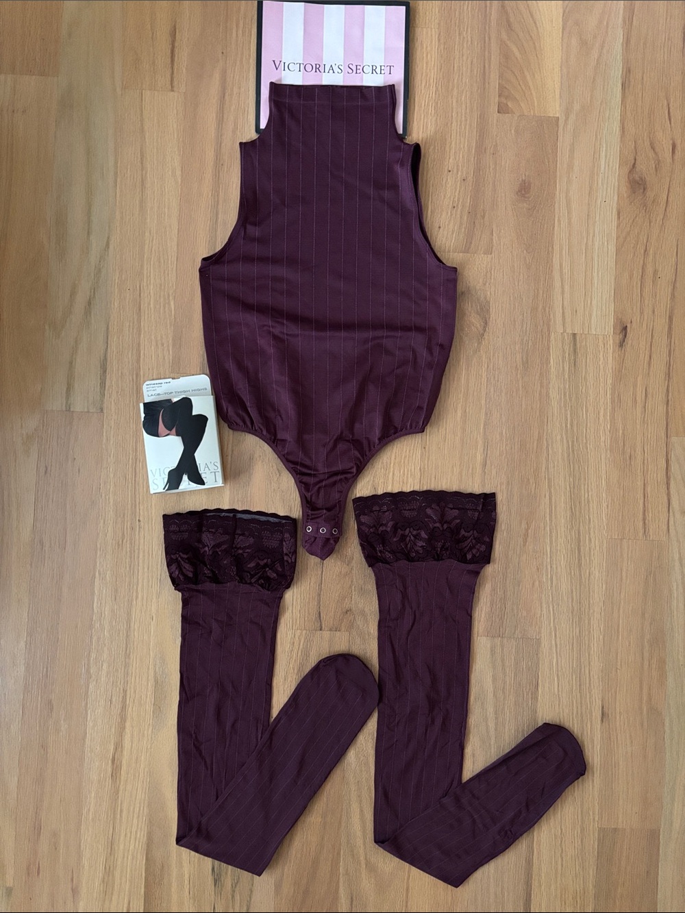 Victoria's Secret Plum Ribbed Bodysuit with Lace-Trim Thigh-Highs